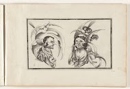 Mannen- en vrouwenkop met groteske hoeden en kragen