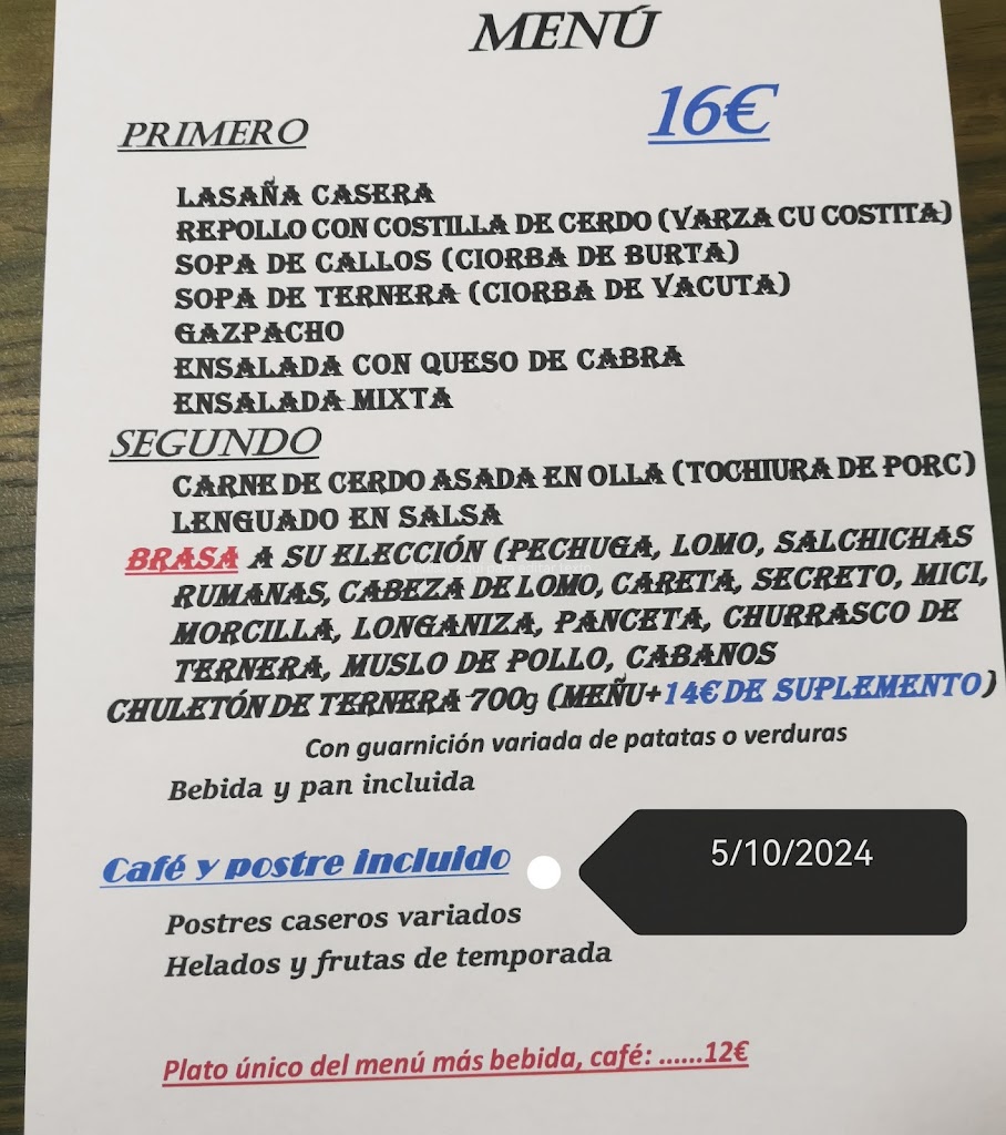 Restaurante Fadrell — Carta