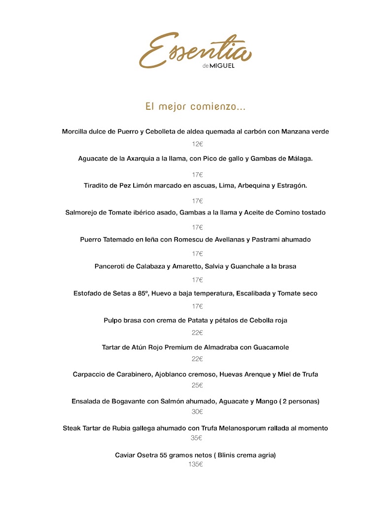 Restaurante Essentia de Miguel — Carta