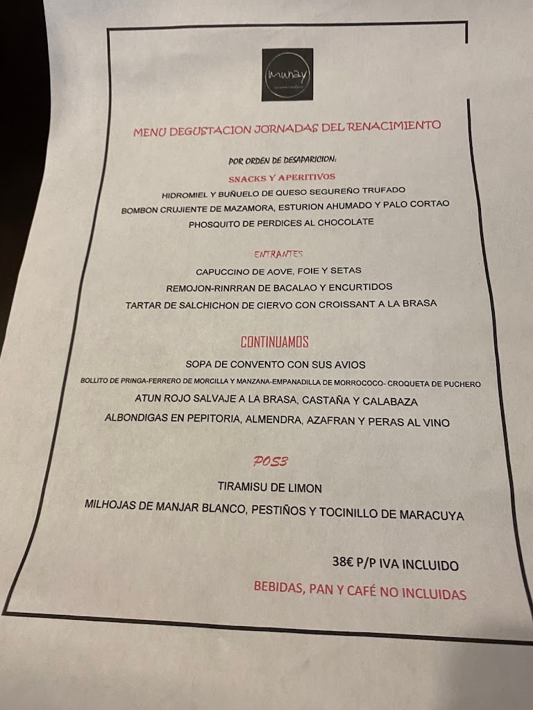 Munay Restaurante Ubeda — Carta