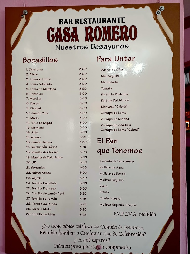 Restaurante Casa Romero — Carta