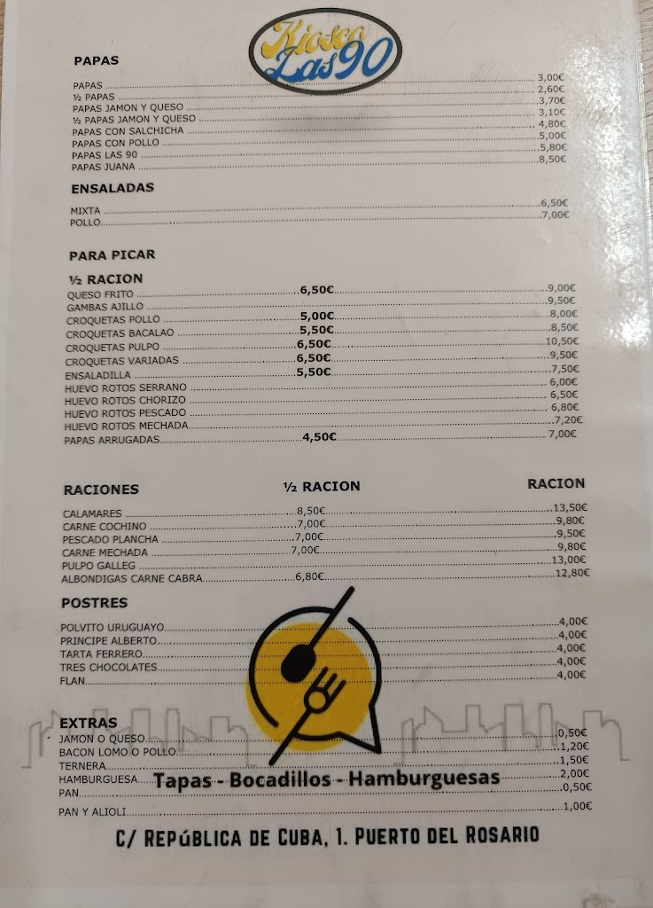Bar Cafeteria Kiosko las 90 — Carta