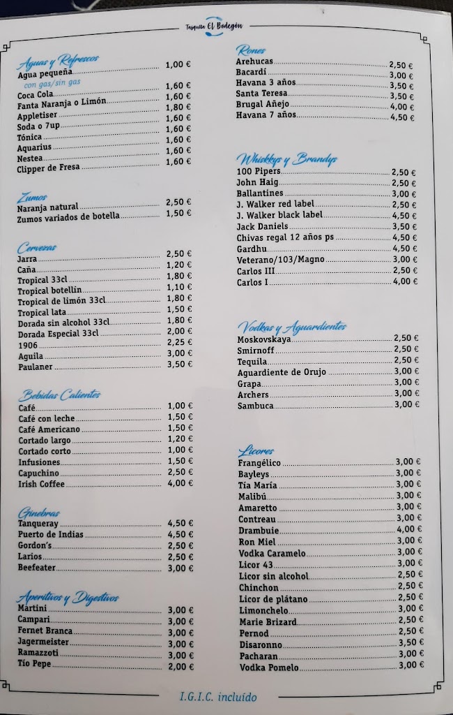 Tasquita El Bodegon — Carta