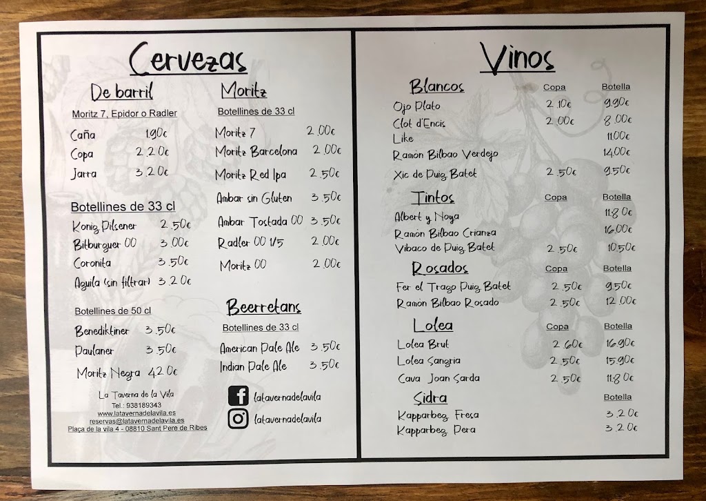 La Taverna de la Vila — Carta