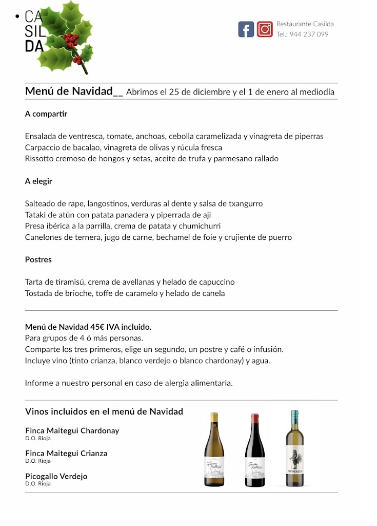 Restaurante Casilda — Carta