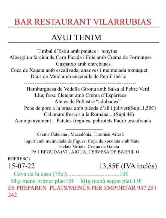Bar Restaurante Vilarrubias — Carta
