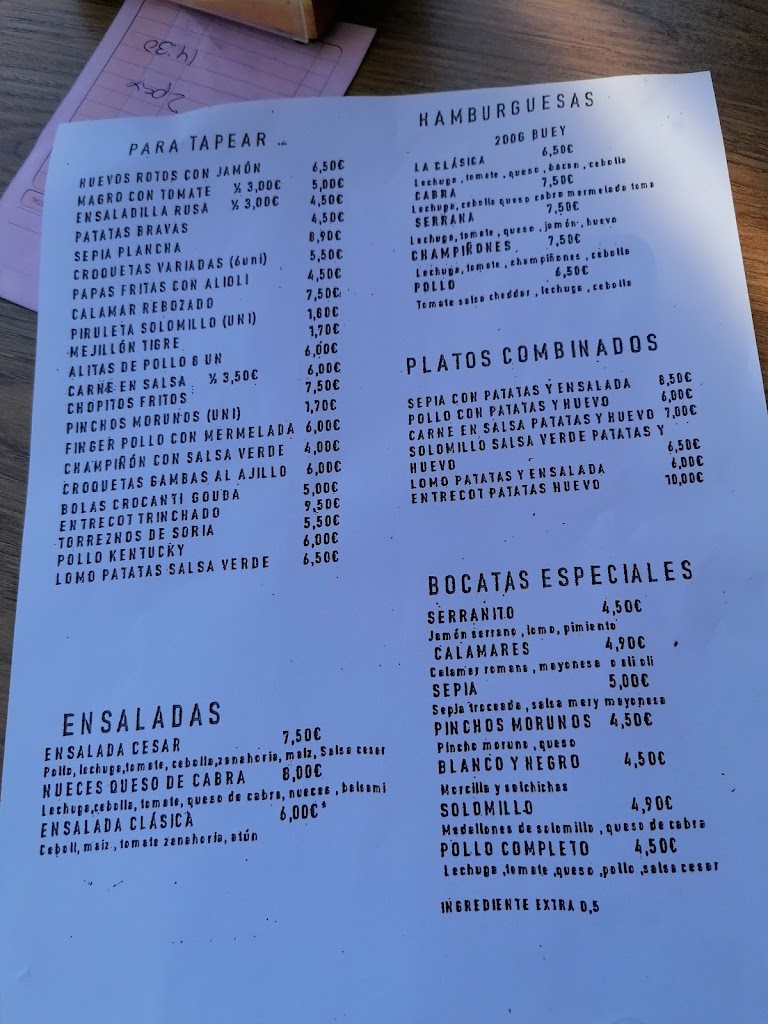 Bar De Punxaetes — Carta