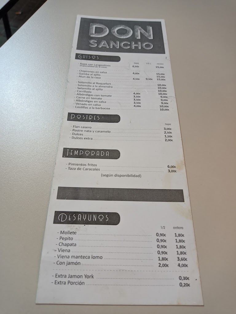 Don Sancho en familia Cafeteria Bar — Carta