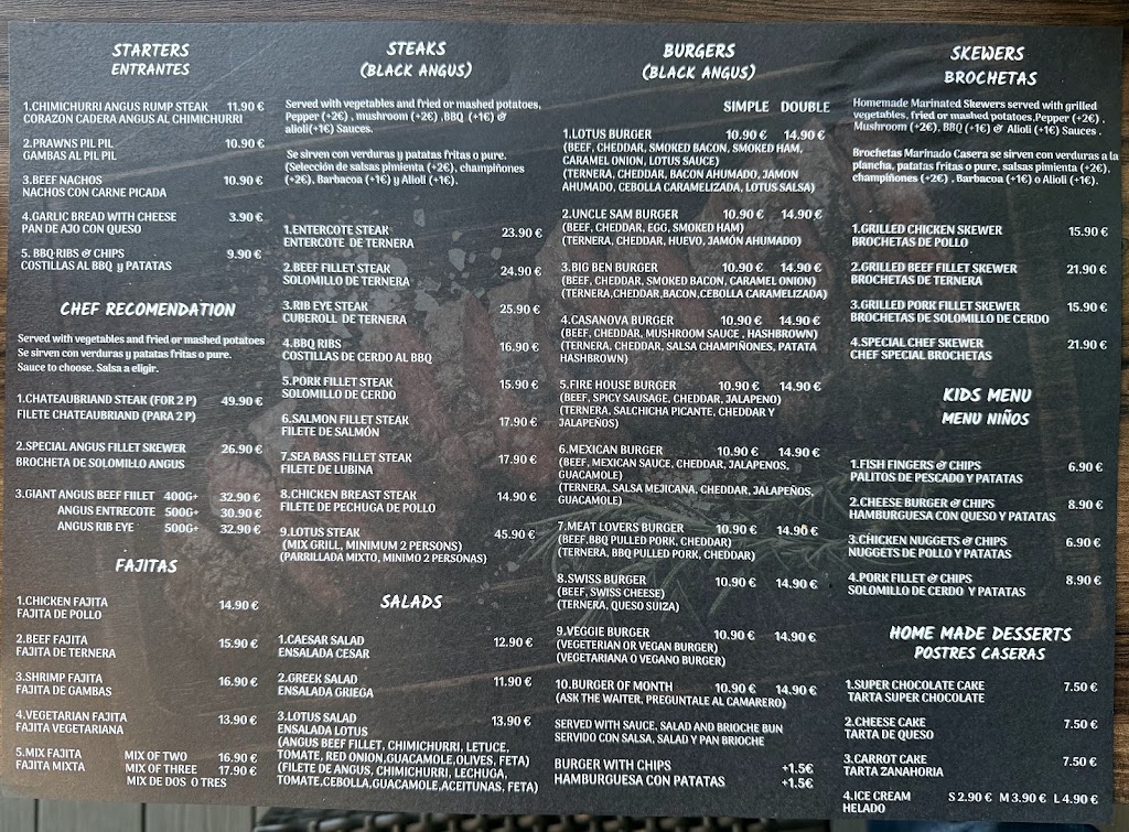 Lotus Steak & Burger House — Carta