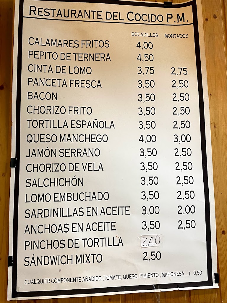 Restaurante El Cocido — Carta