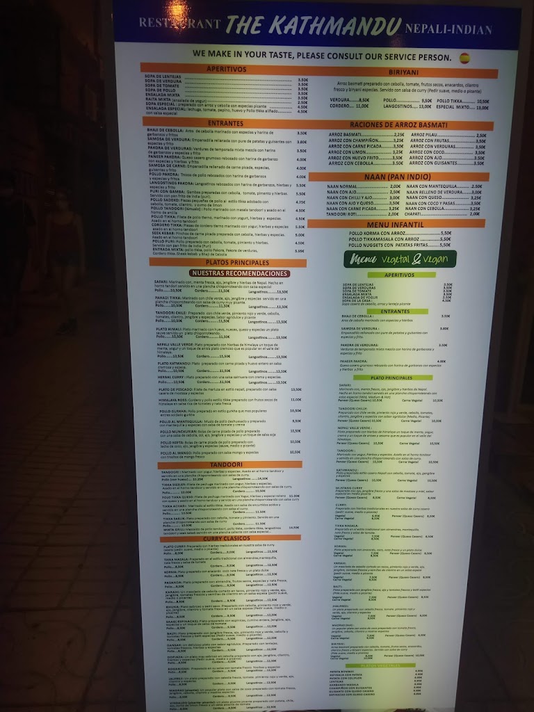 Restaurante Kathmandu — Carta