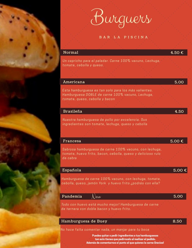 Burger Bar La Piscina — Carta