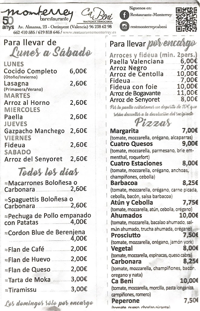 Restaurante Monterrey — Carta