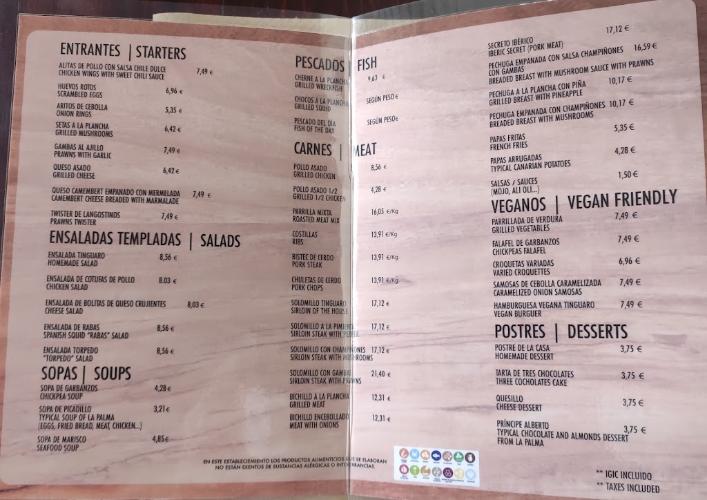 Restaurante Tinguaro — Carta