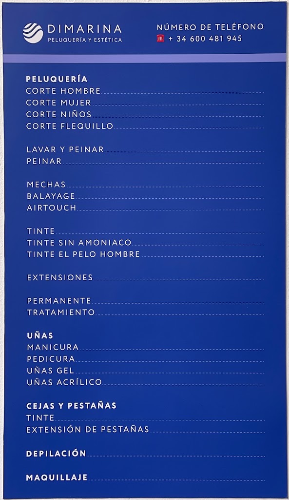 "DIMARINA" estudio de peluqueria y estetica. Salon krasoty "Dimarina" — Carta