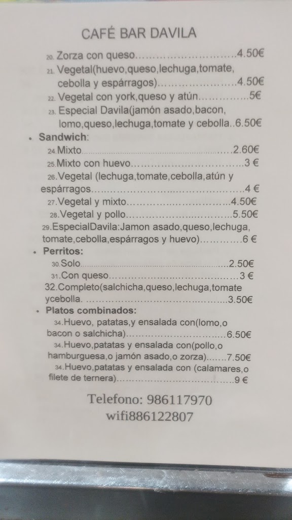 Cafe Bar Davila — Carta