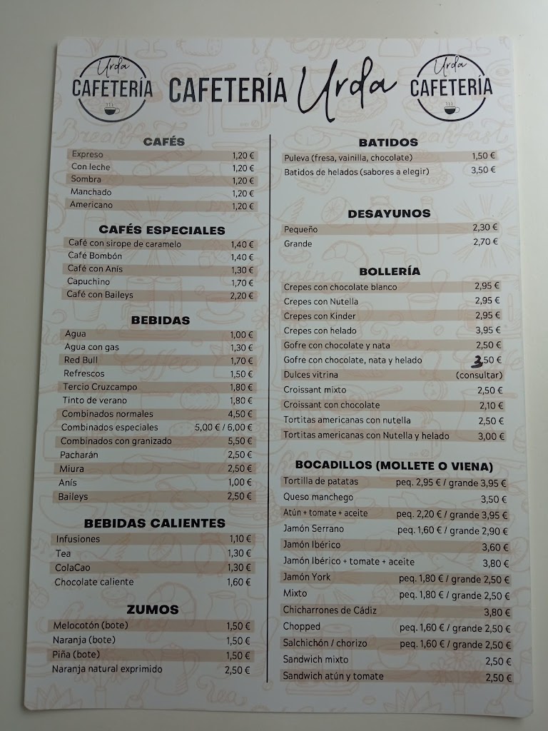 Cafeteria Urda — Carta