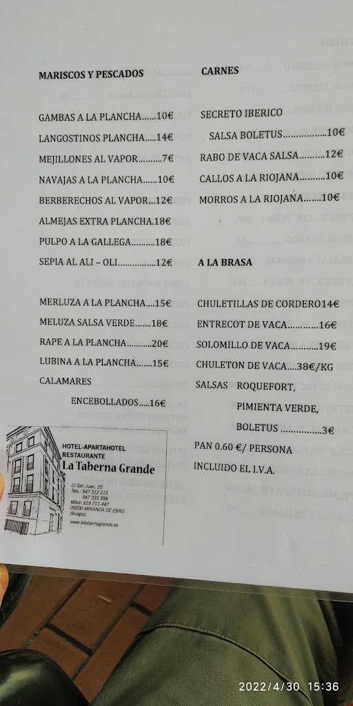 La Taberna Grande — Carta