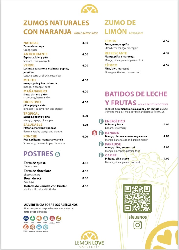 Lemon Love Cafe | Cafeteria en Arrecife — Carta