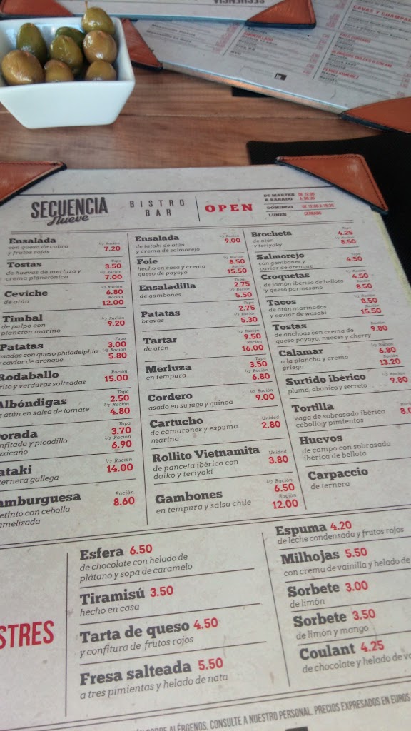 Bistro Bar Secuencia Nueve — Carta