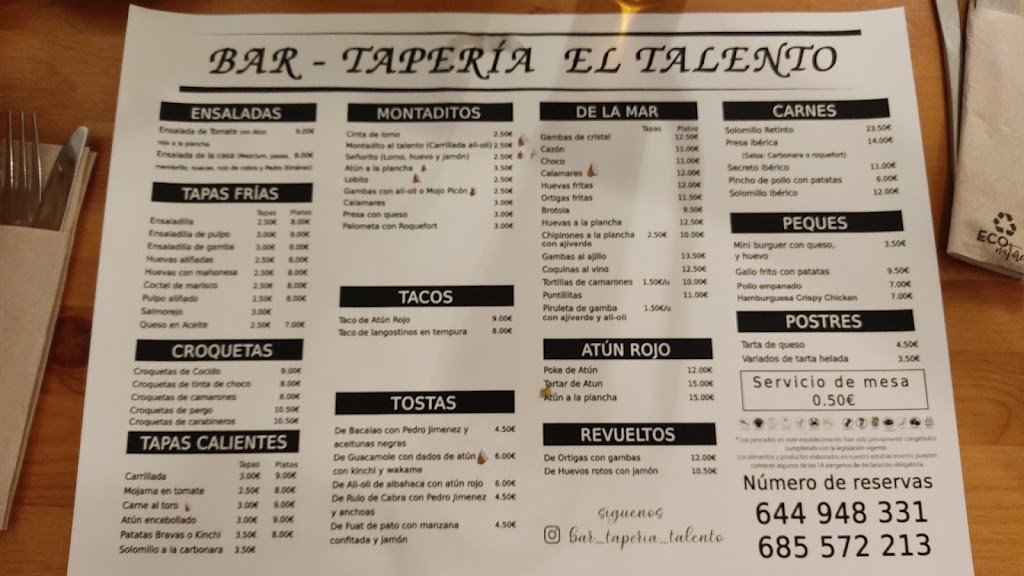 Bar taperia El talento — Carta