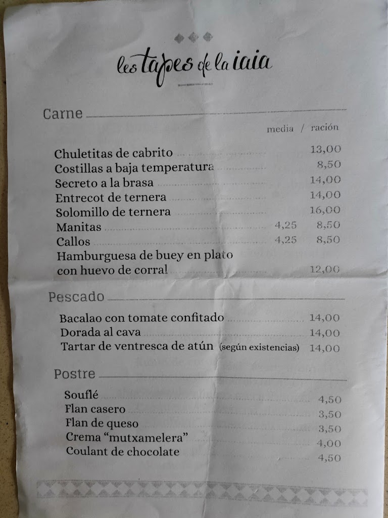 Restaurante Les Tapes de la Iaia — Carta
