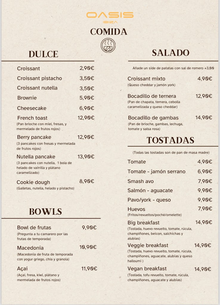 Oasis ibiza — Carta