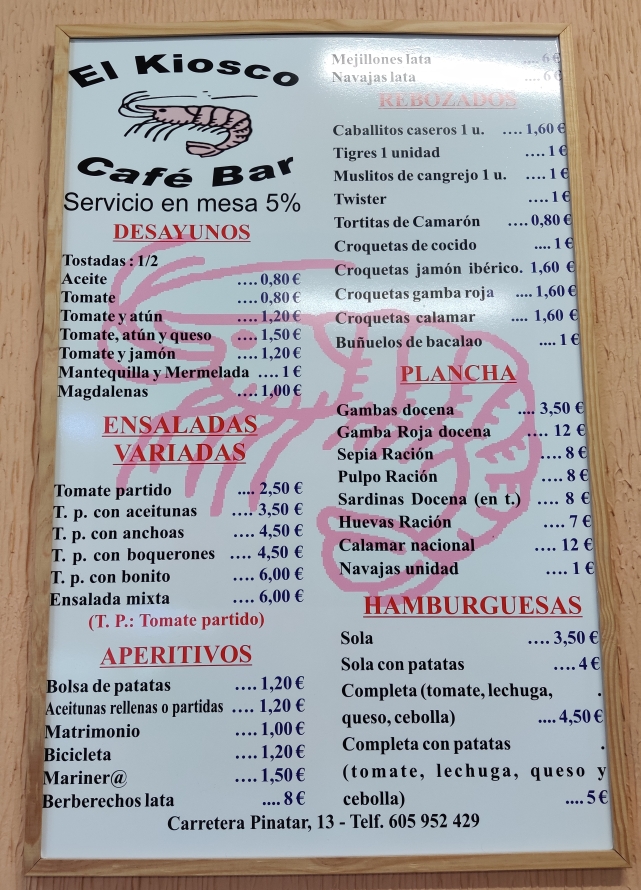 Cafe bar El Kiosco — Carta