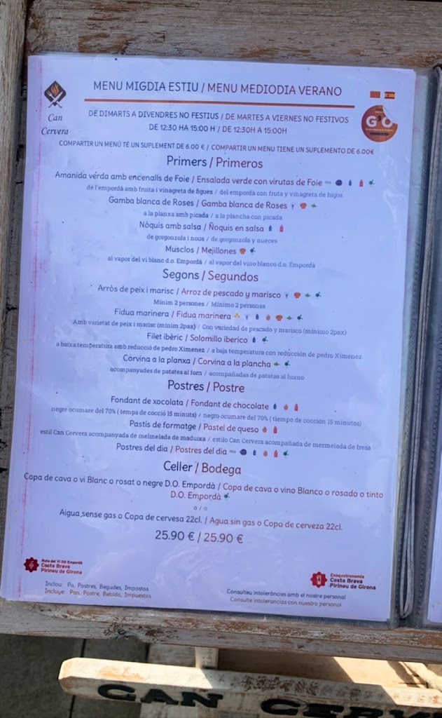 Restaurant Can Cervera Rosas — Carta