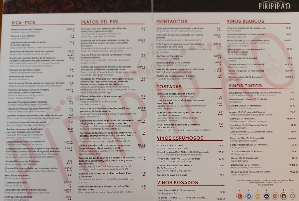 Restaurante Piripipao — Carta