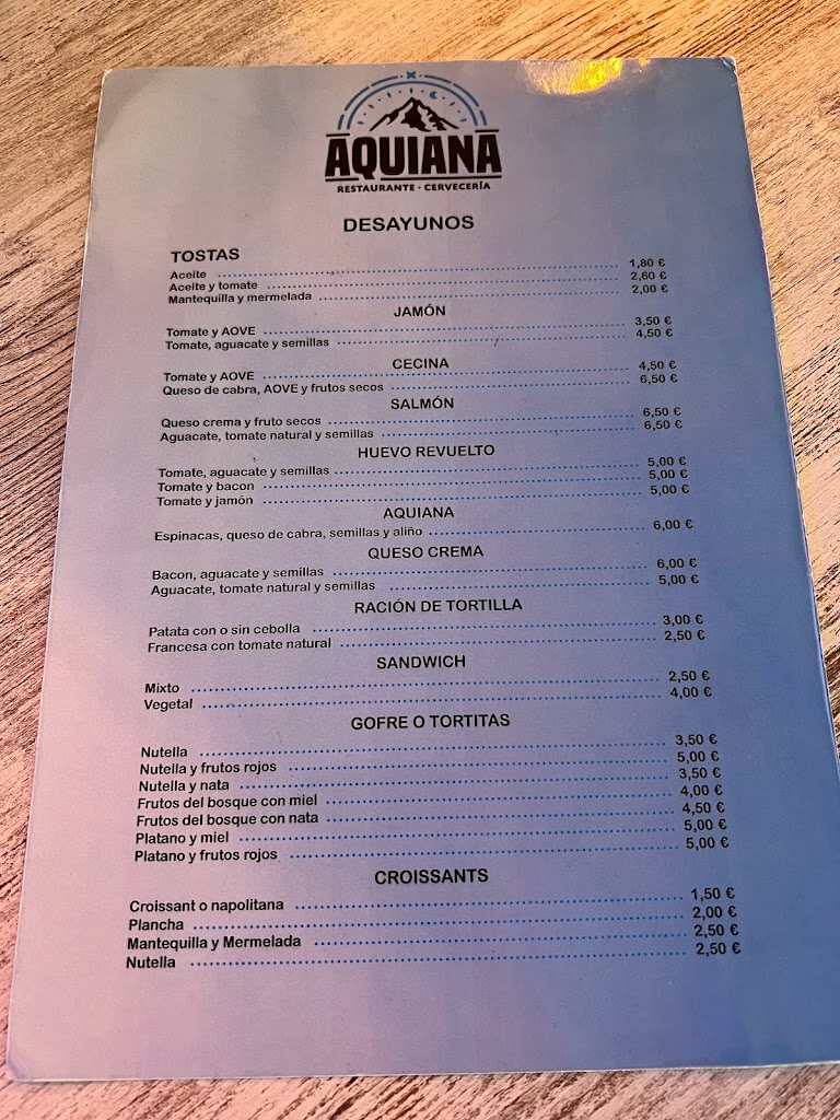 Restaurante cerveceria Aquiana — Carta