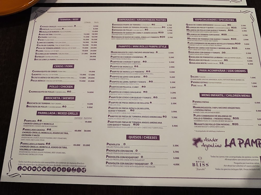 Restaurante La Pampa (Asador Argentino) — Carta