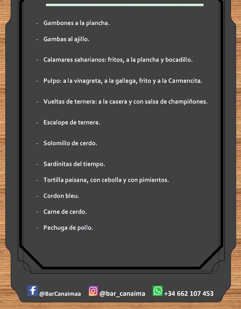 Bar Canaima — Carta