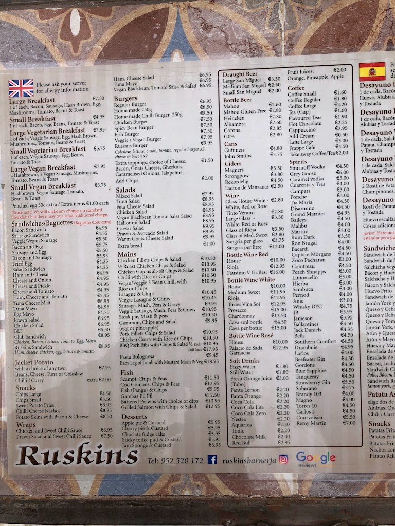 Restaurante Ruskins — Carta