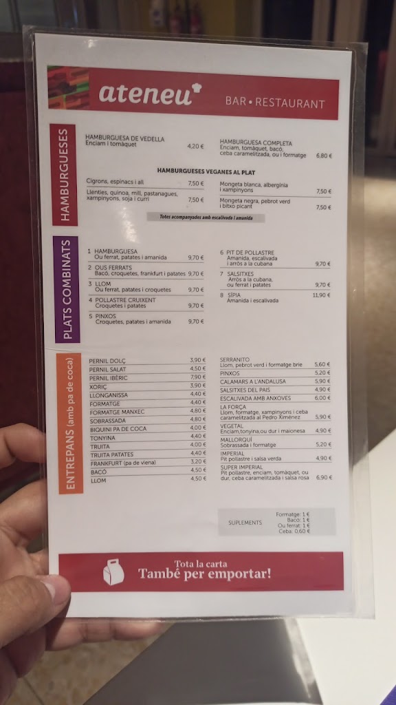 Bar Restaurant Teatre Ateneu — Carta