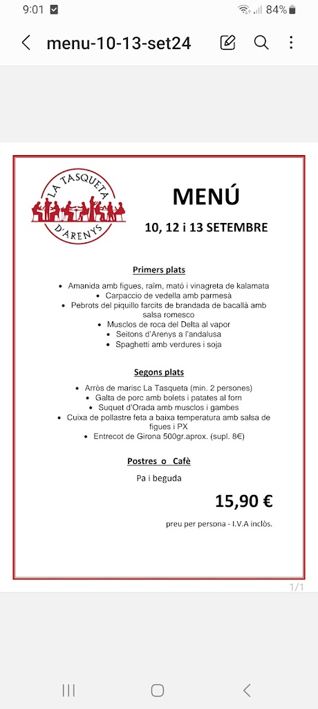 La Tasqueta D'Arenys — Carta
