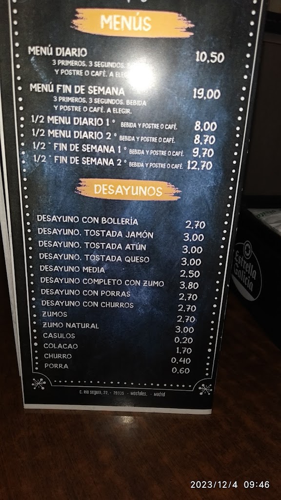 Bar restaurante El Aperitivo — Carta