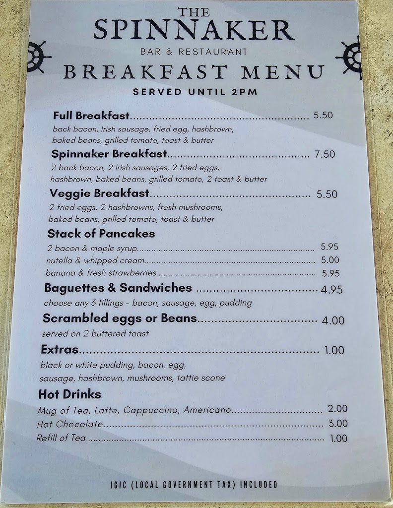 The Spinnaker Bar & Restaurant — Carta