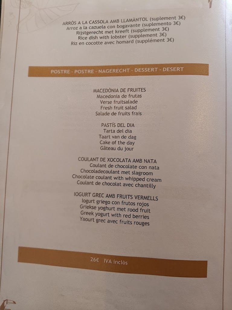 Restaurant las Dunas — Carta