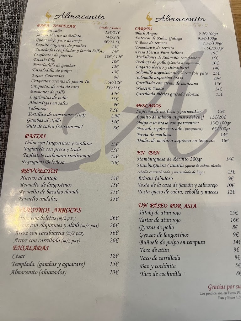 Restaurante El Almacenito — Carta