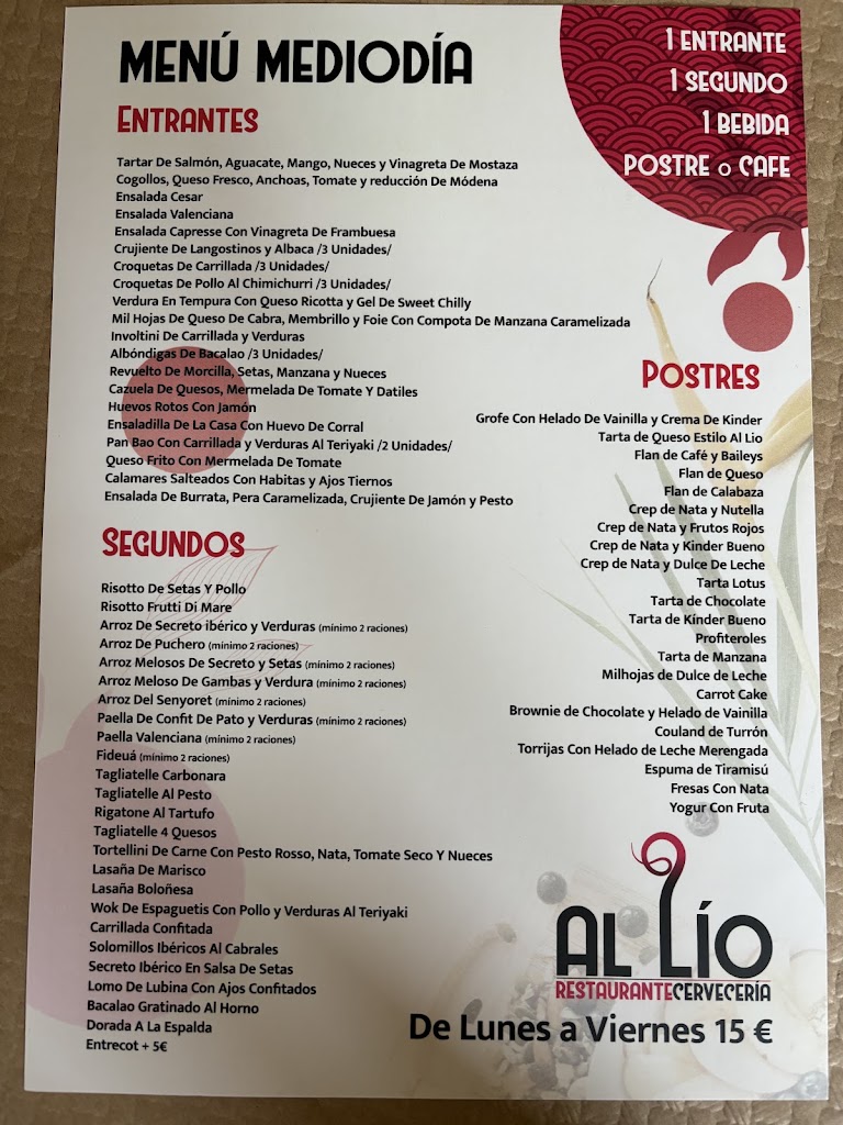 Cerveceria "Al lio" — Carta