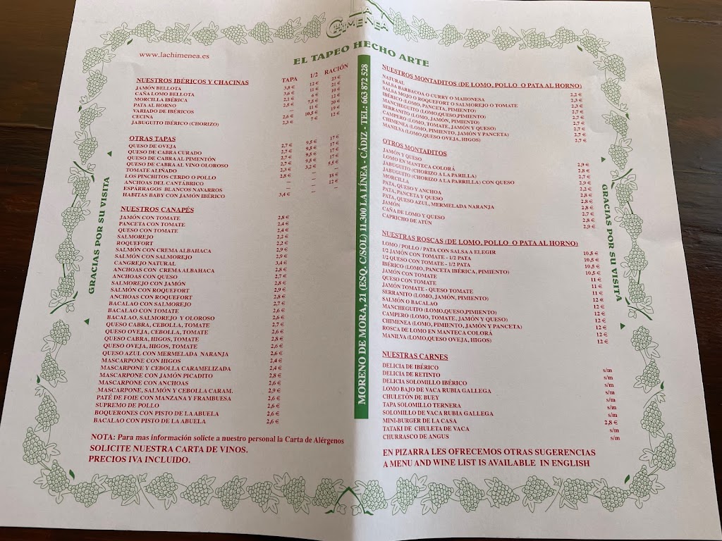 Bar La Chimenea — Carta