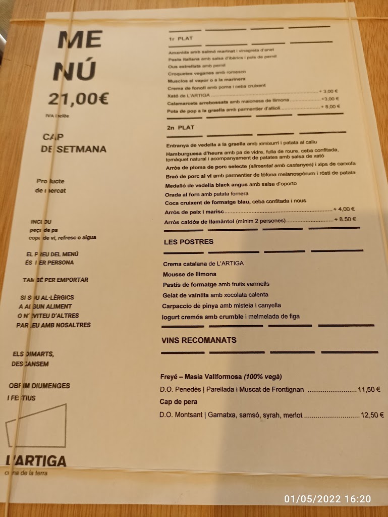 Restaurante L'Artiga — Carta
