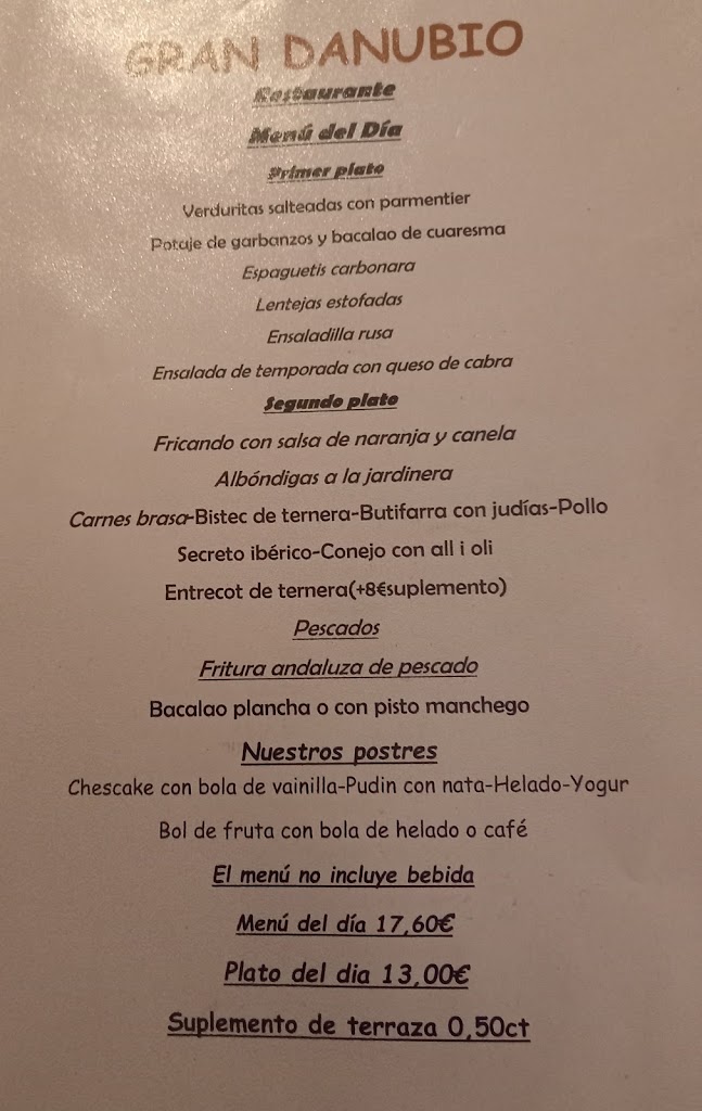 Restaurant Danubio — Carta