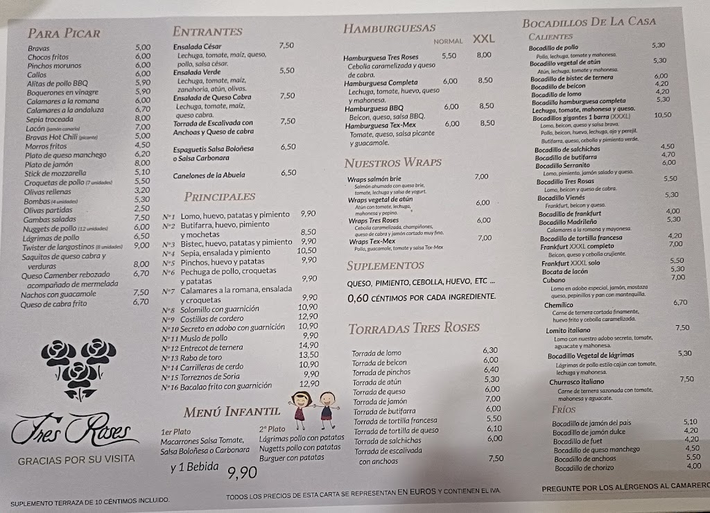 Bar Restaurant Tres Roses — Carta