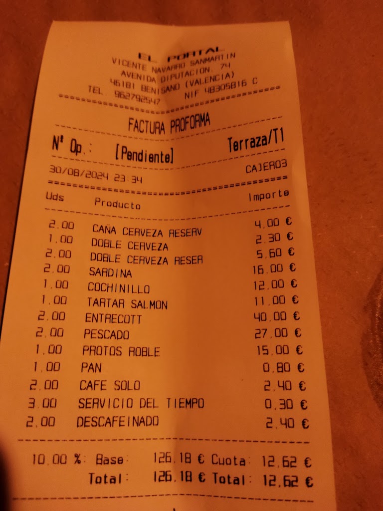 Restaurant El Portal — Carta