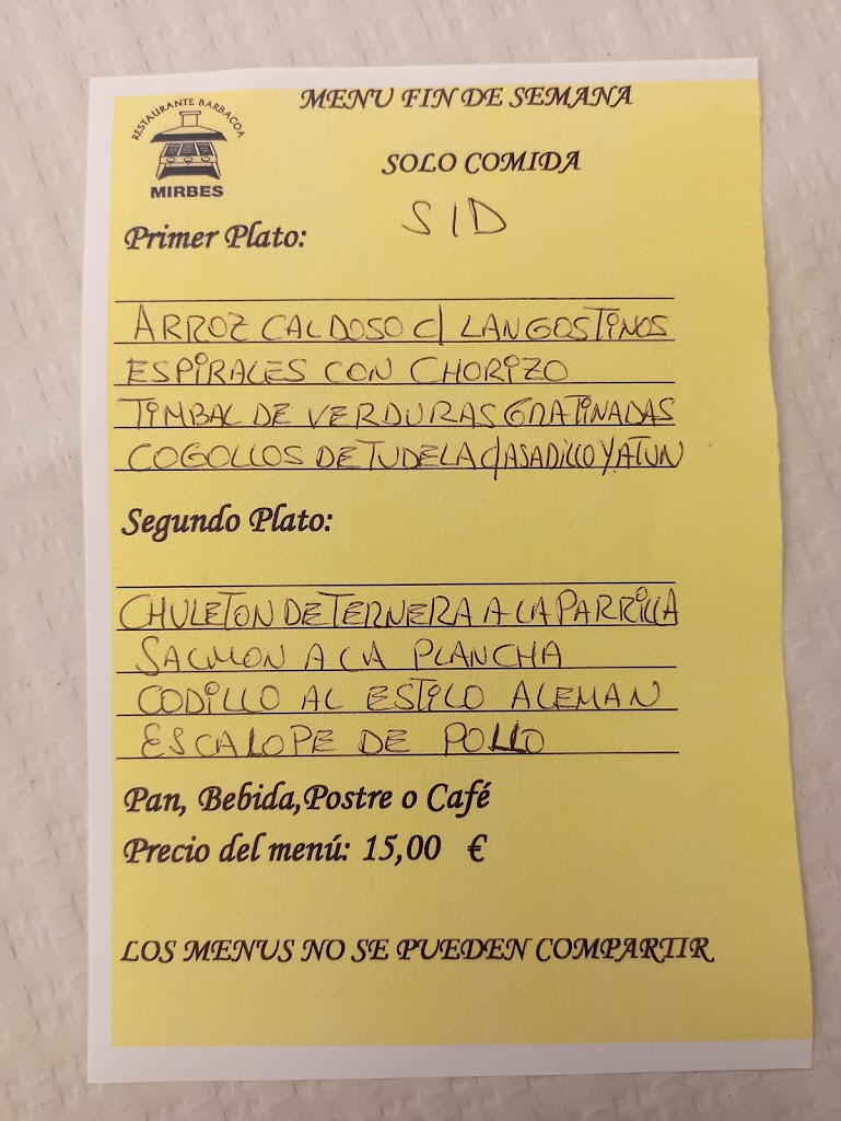 Restaurante Mirbes IV — Carta