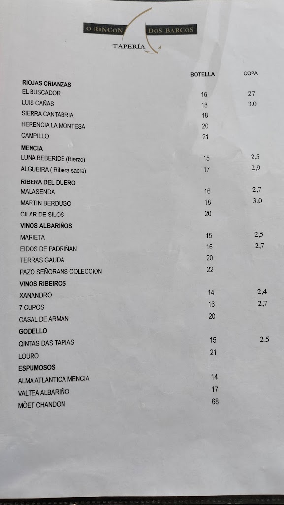 Restaurante O Rincon dos Barcos — Carta