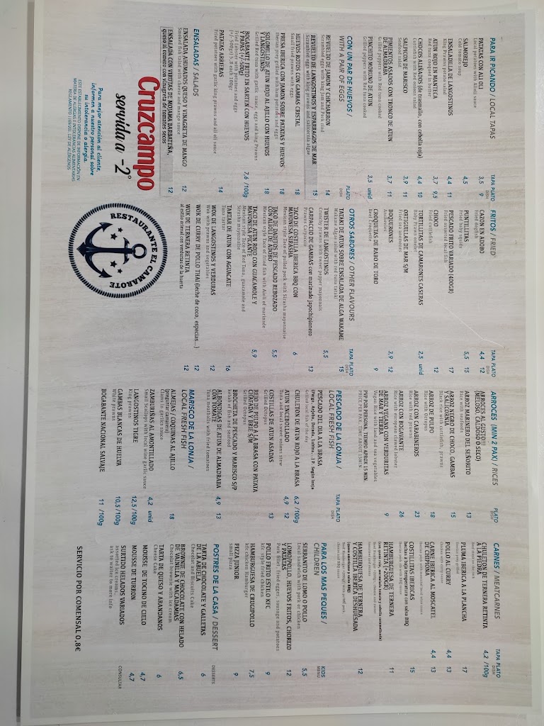 Restaurante Bar El Camarote — Carta