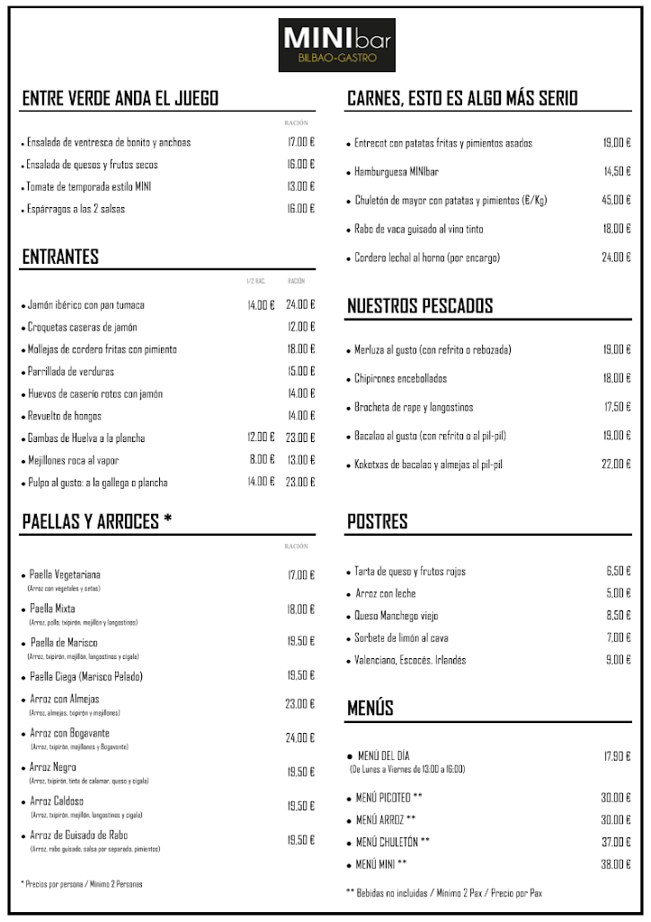 Restaurante MINI Bar — Carta